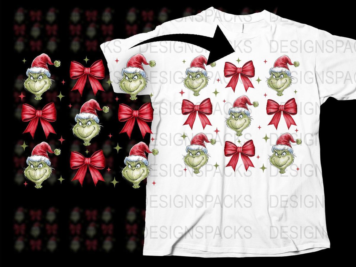 Festive Grinch Pattern T-Shirt, Christmas Holiday Santa Hat and Bows, Unisex Casual White Tee