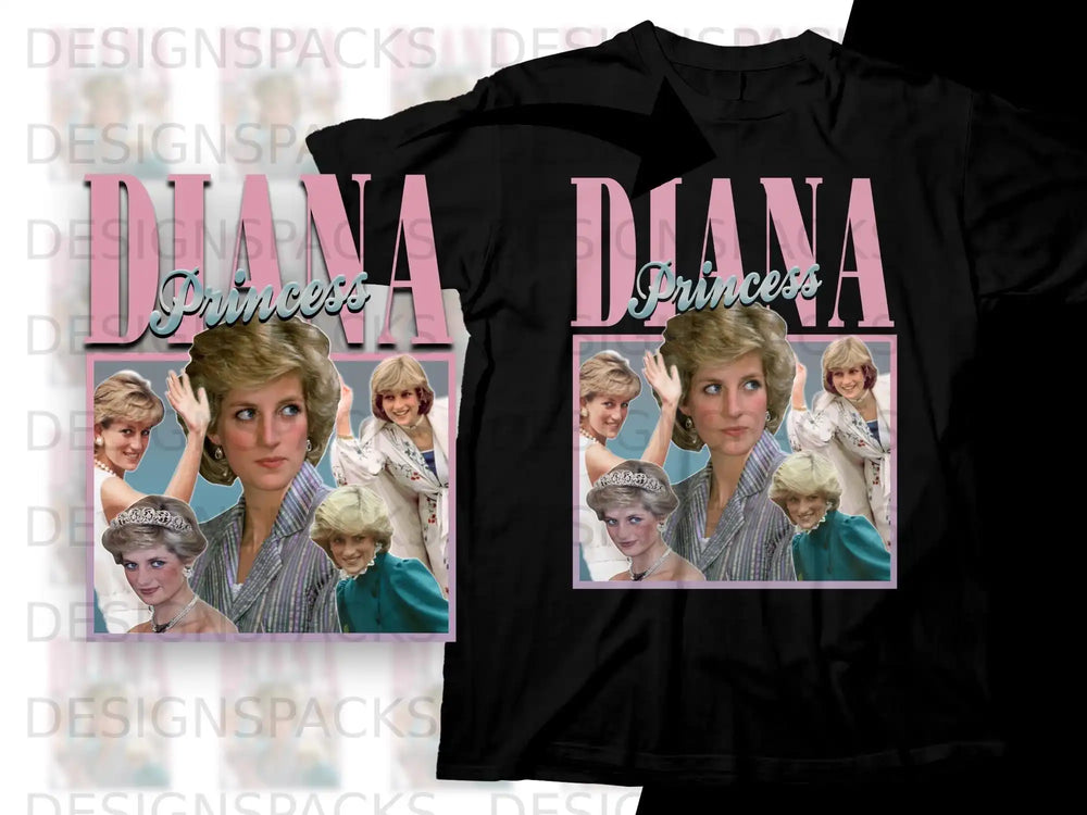 T-shirt with collage of Princess Diana portraits and text.