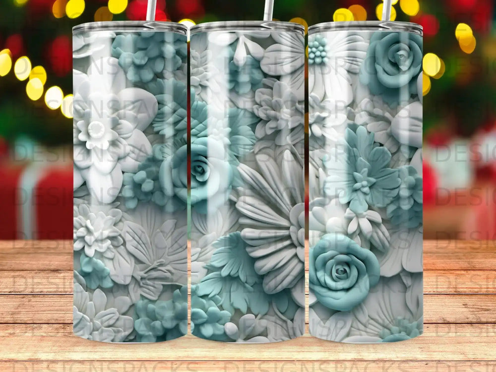 Floral embossed tumbler with a muted teal and white color scheme.
