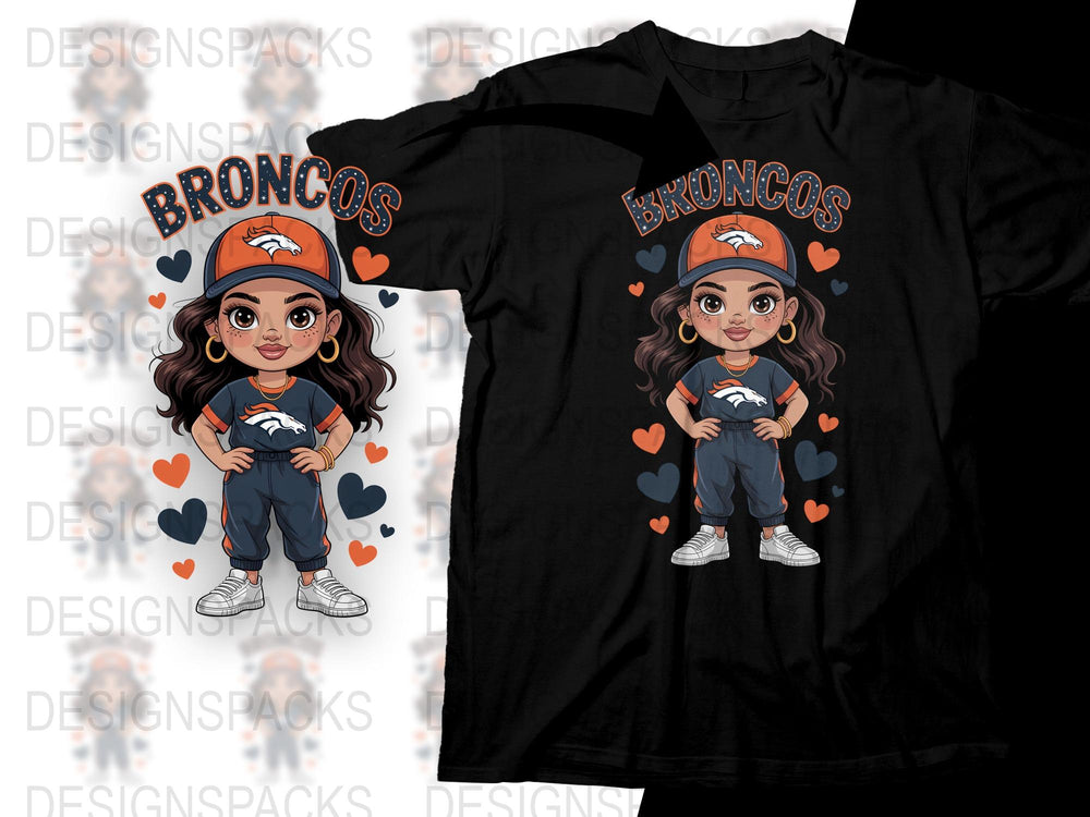 Cute Broncos Fan Girl T-Shirt, Chibi Football Lover Graphic Tee, Kids and Adults Sizes Available