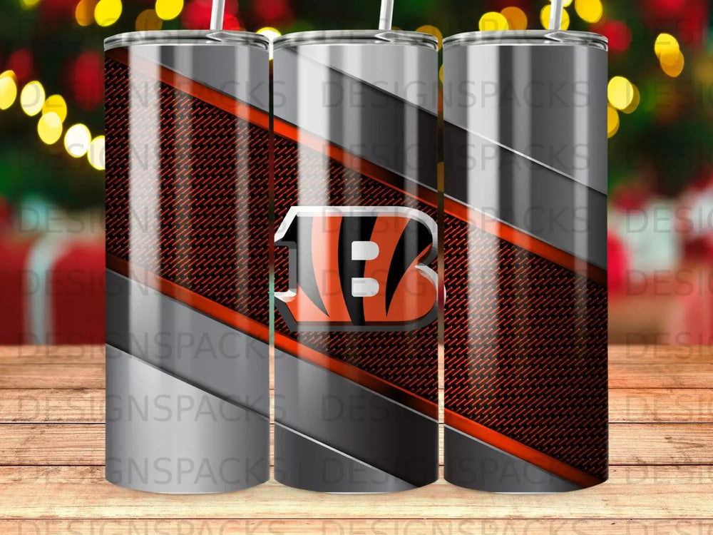 Cincinnati Bengals logo on a metallic striped tumbler cup.