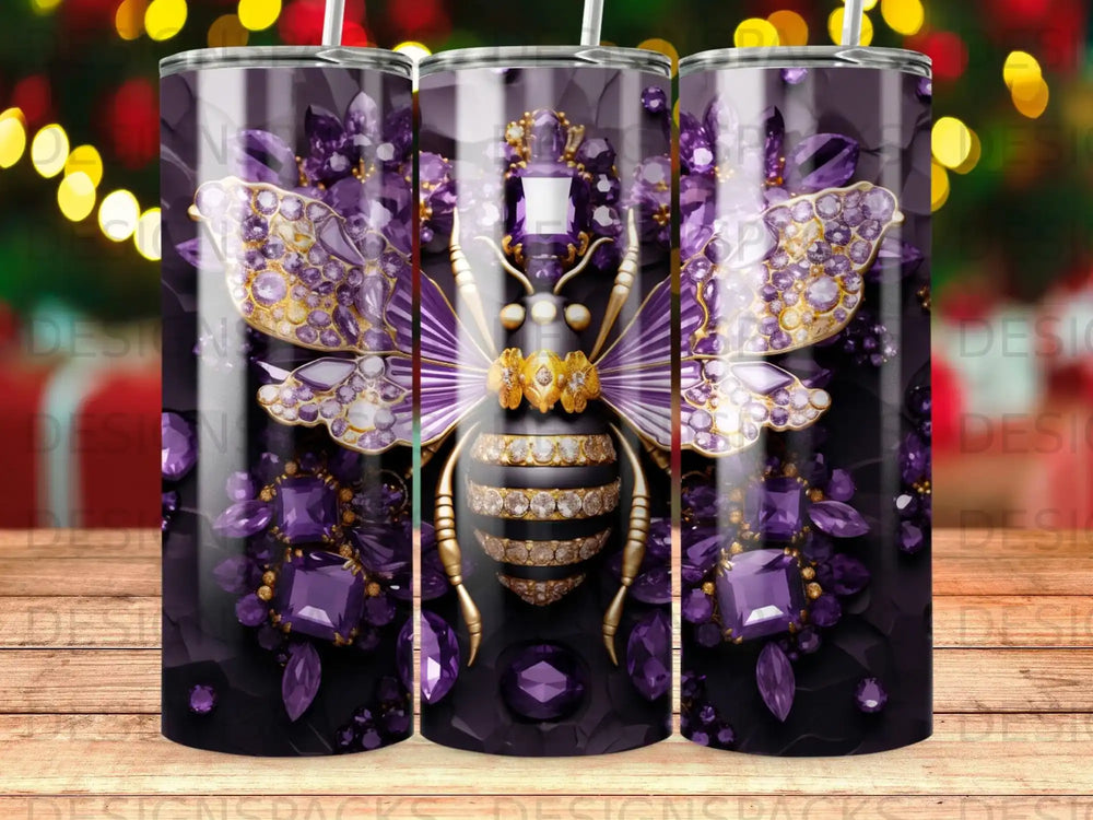 Purple bee adorned with jewels on a dark, textured background.