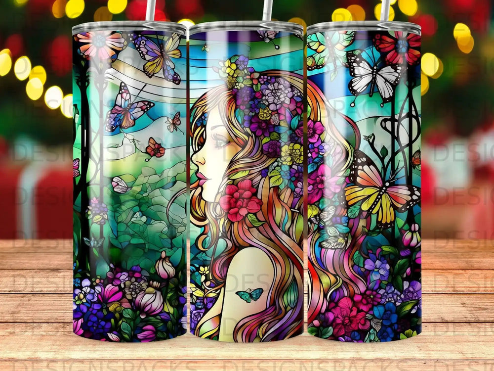 Woman with floral hair and butterflies, digital art tumbler design.