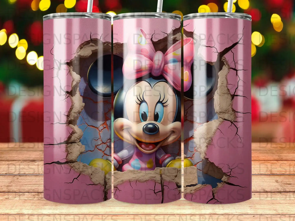 Minnie Mouse peering through a cracked wall.