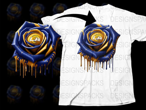 Los Angeles Themed Dripping Rose Graphic T-Shirt, Stylish Blue and Gold Rose Tee, Unique Sports Fan Apparel, Casual Wear