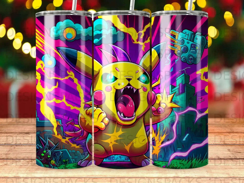 Pikachu roaring with lightning and a cityscape background.