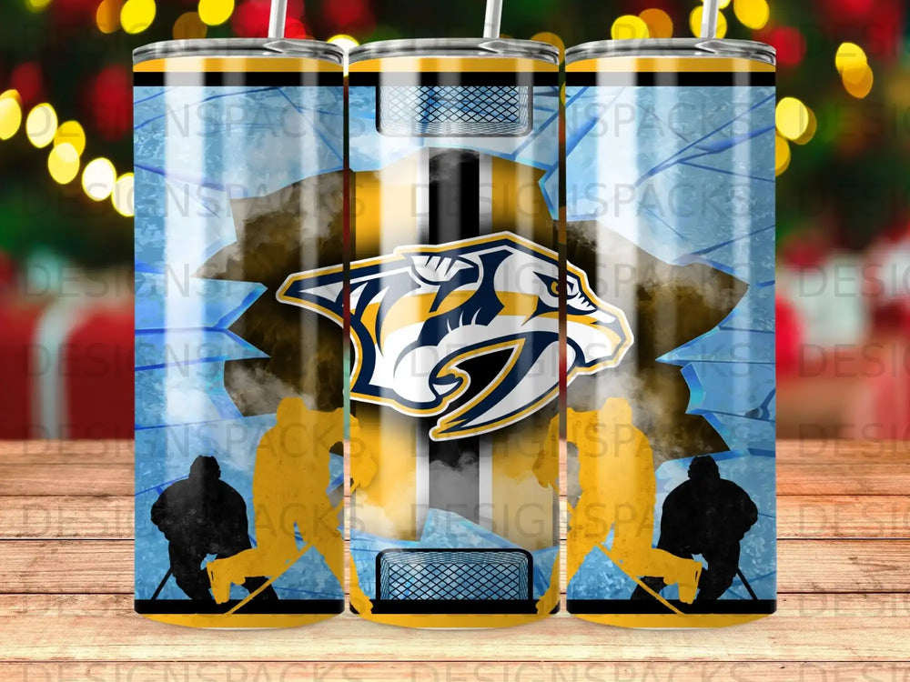 Nashville Predators logo with hockey player silhouettes and ice cracking.