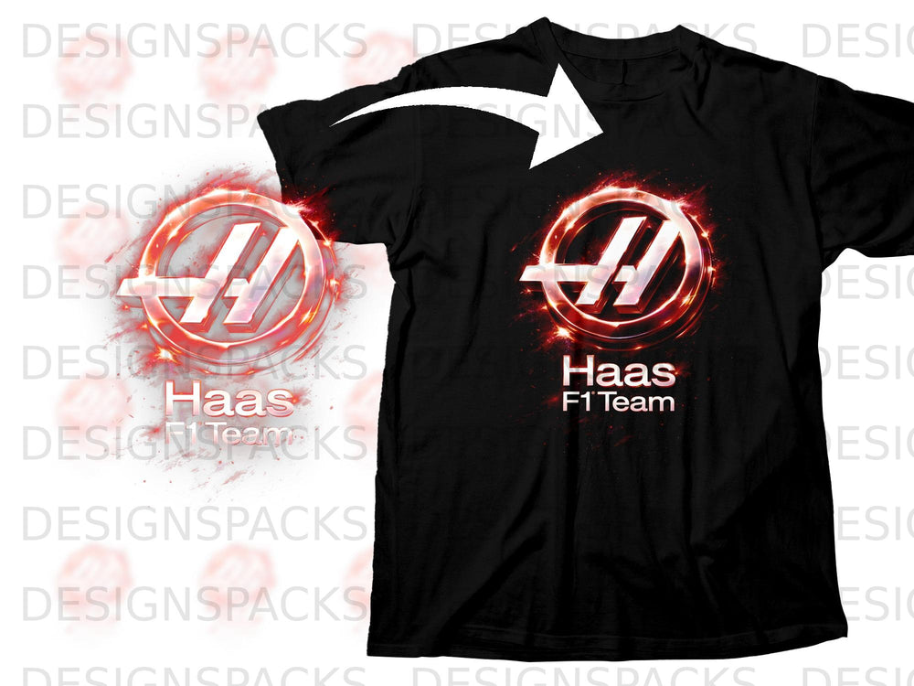 Black t-shirt with the Haas F1 Team logo and text on the front.