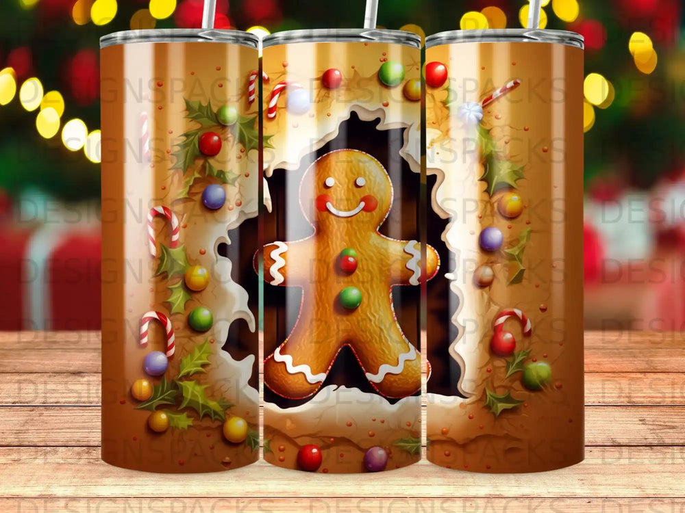 Gingerbread man on a Christmas-themed tumbler with candy decorations.