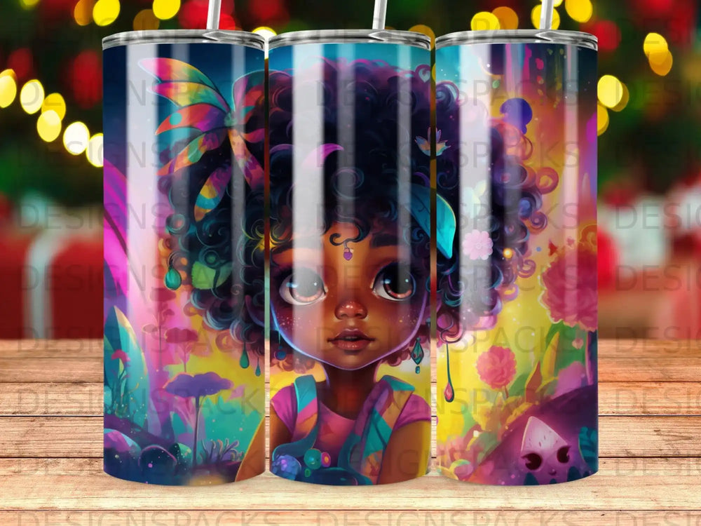 Cartoon girl with colorful curly hair and vibrant background.