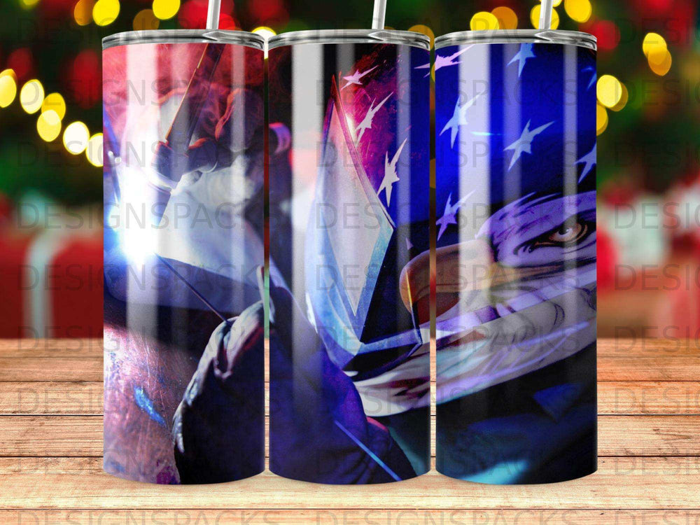 Tumbler with American flag, eagle, and welder graphic.