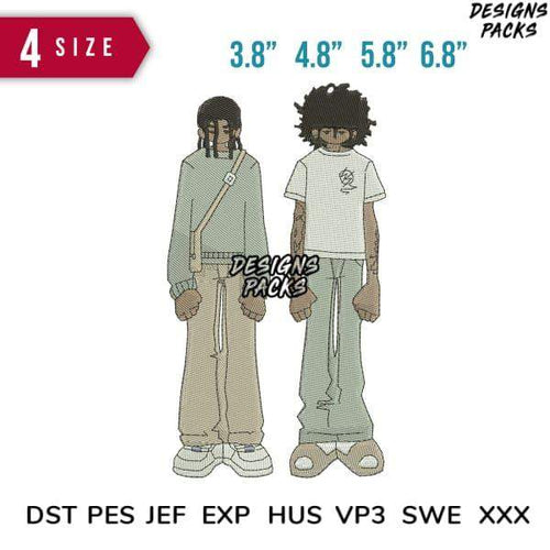 Embroidery design for two stylized figures in streetwear, available in PES, DST, JEF formats, 4 sizes