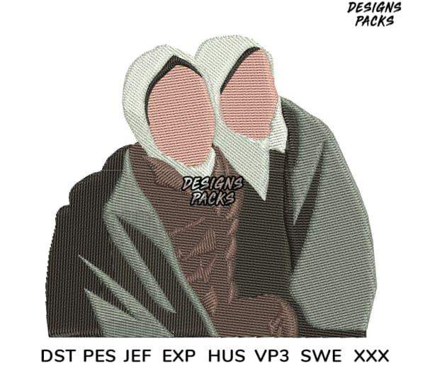 Embroidery design of two figures in hooded cloaks, available in DST PES JEF formats for instant download