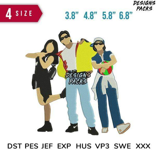 Embroidery design of three stylish figures in 4 sizes, compatible with DST PES JEF formats for instant download