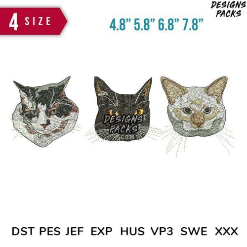 Cat face embroidery designs in 4 sizes, compatible with DST PES JEF formats for instant download