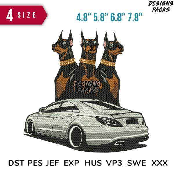 Three Doberman dogs on luxury car, embroidery design in 4 sizes, DTF/DTG ready, PES SVG formats