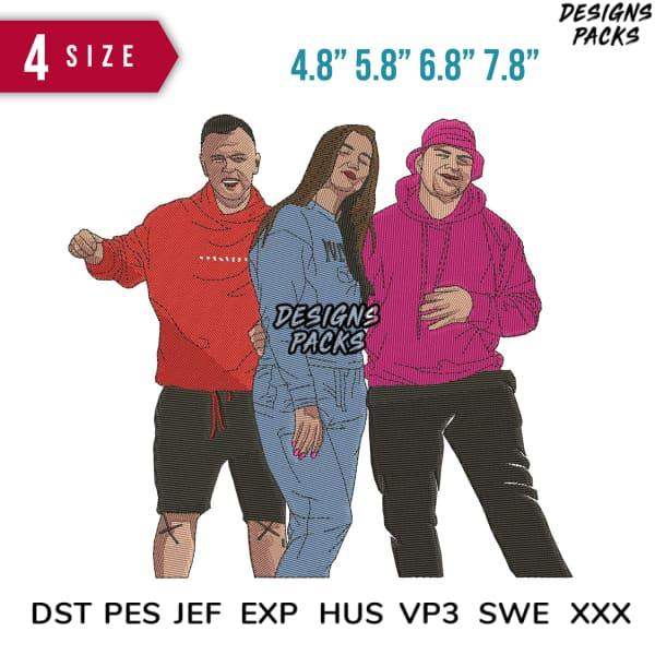 Print-ready embroidery design of three people in hoodies, available in DST PES JEF formats, 4 sizes