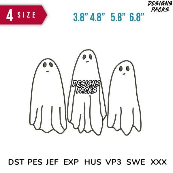 Cute ghost embroidery designs in 4 sizes, print-ready formats for Halloween projects