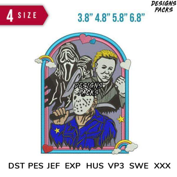 Halloween horror movie characters embroidery design in 4 sizes, print-ready formats