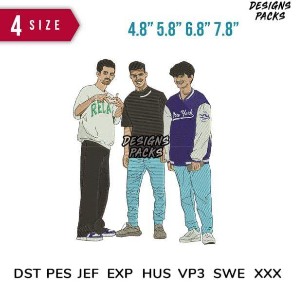 Three men in casual streetwear with embroidery designs, available in multiple sizes and formats