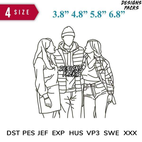 Embroidery design of three friends in casual outfits, available in DST PES JEF formats, 4 sizes for instant download
