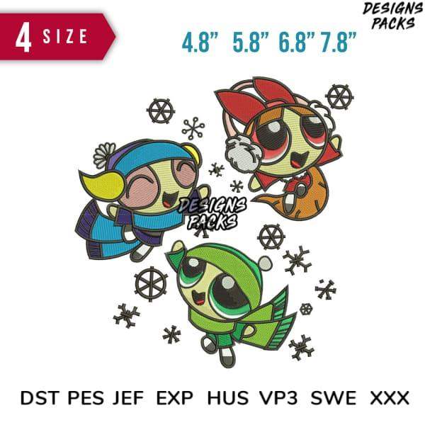 Powerpuff Girls winter embroidery design in 4 sizes, snowflake accents, DST PES JEF formats