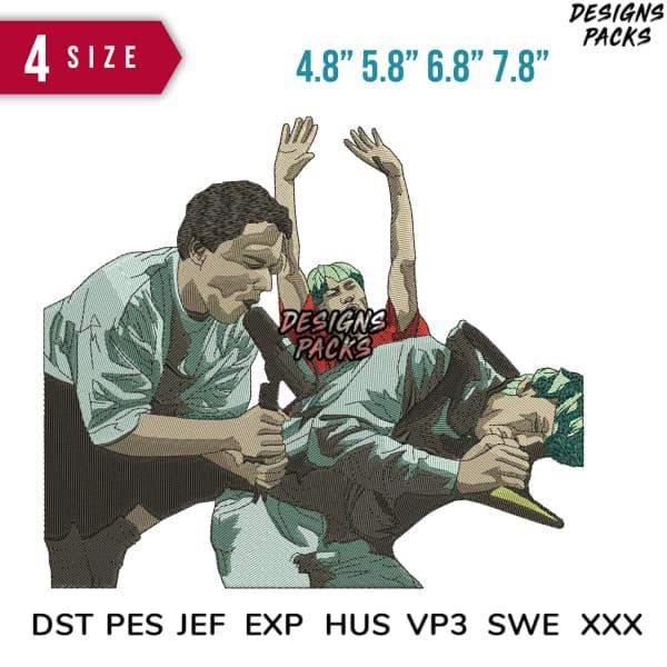 Embroidery design of dynamic action scene with 4 size options, DST PES JEF formats for instant download