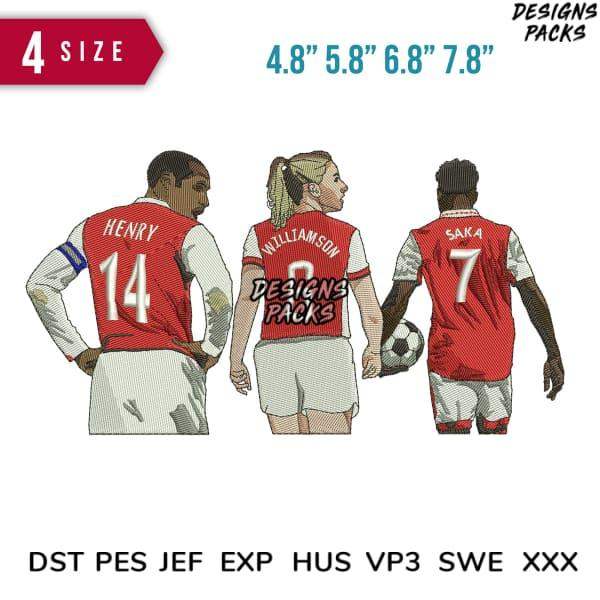 Embroidery designs of soccer players in red jerseys, featuring names and numbers for instant download.
