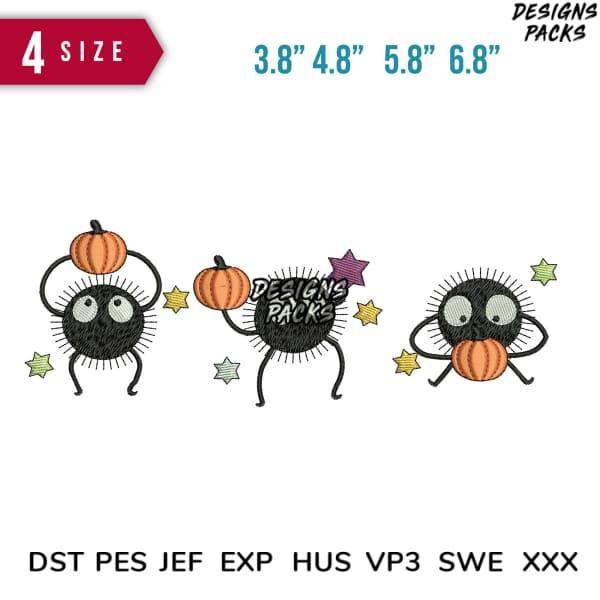 Cute Halloween soot sprite embroidery designs with pumpkins, stars, 4 sizes, PES DST JEF formats