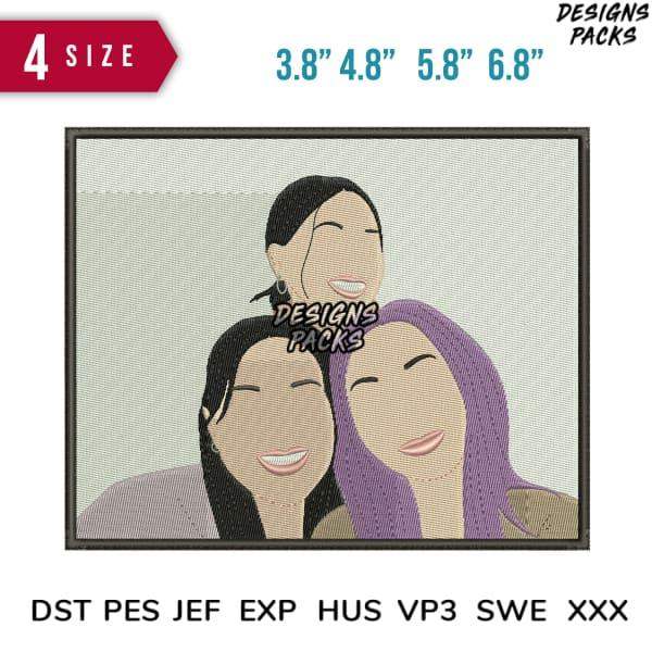 Embroidery design of three smiling women, available in 4 sizes and multiple formats like PES, DST, EXP.