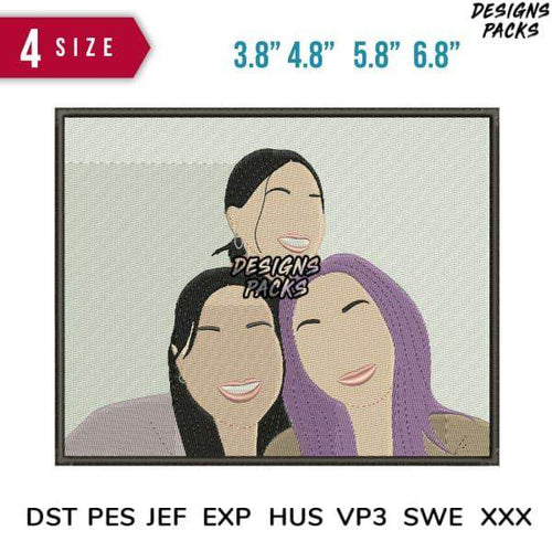 Embroidery design of three smiling women, available in 4 sizes and multiple formats like PES, DST, EXP.