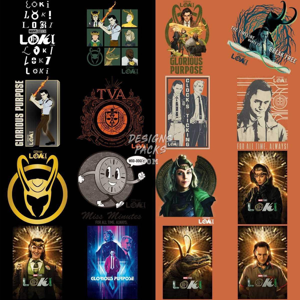 Loki-themed print designs featuring TVA, Glorious Purpose, and character art for DTF/DTG bundles