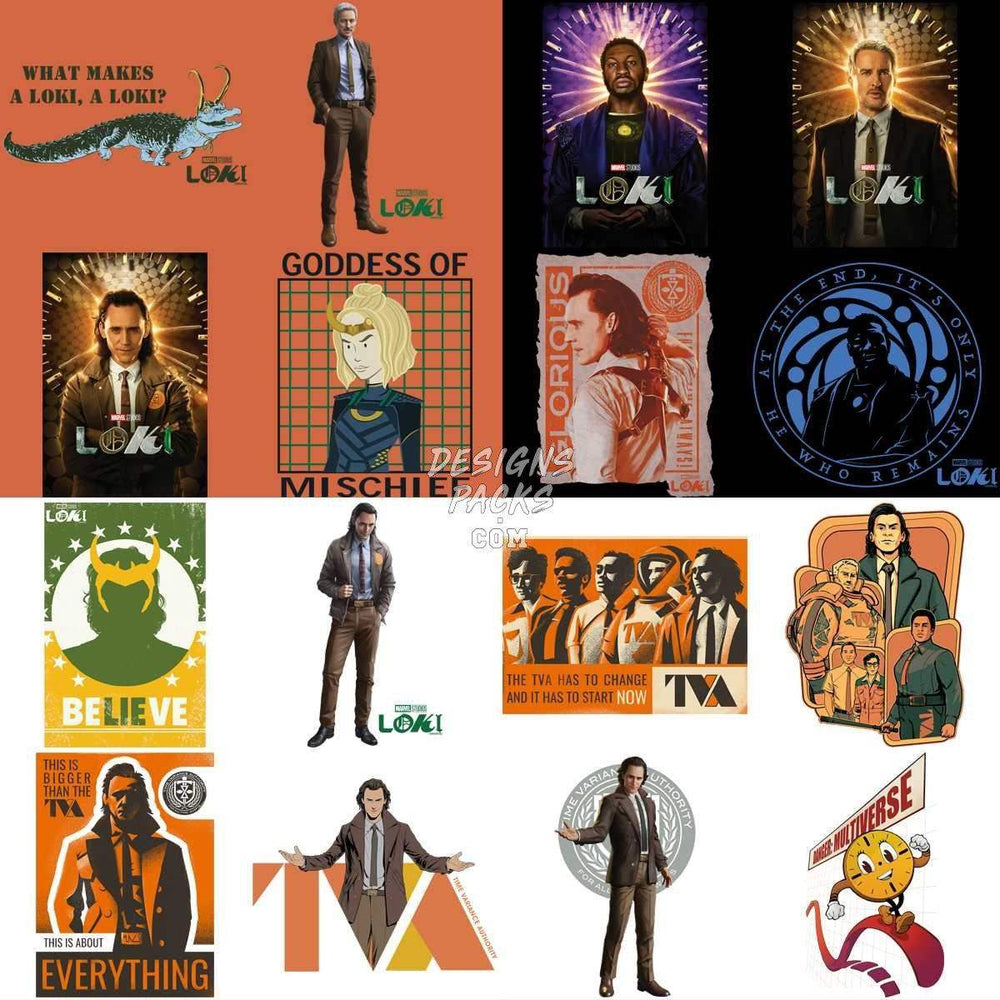 Loki TVA-themed print designs for t-shirts, featuring Marvel characters and quotes, ideal for DTF/DTG printing.