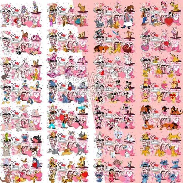 Cute Disney characters in pink Valentine’s Day designs for DTF, DTG, embroidery, and tumbler wraps