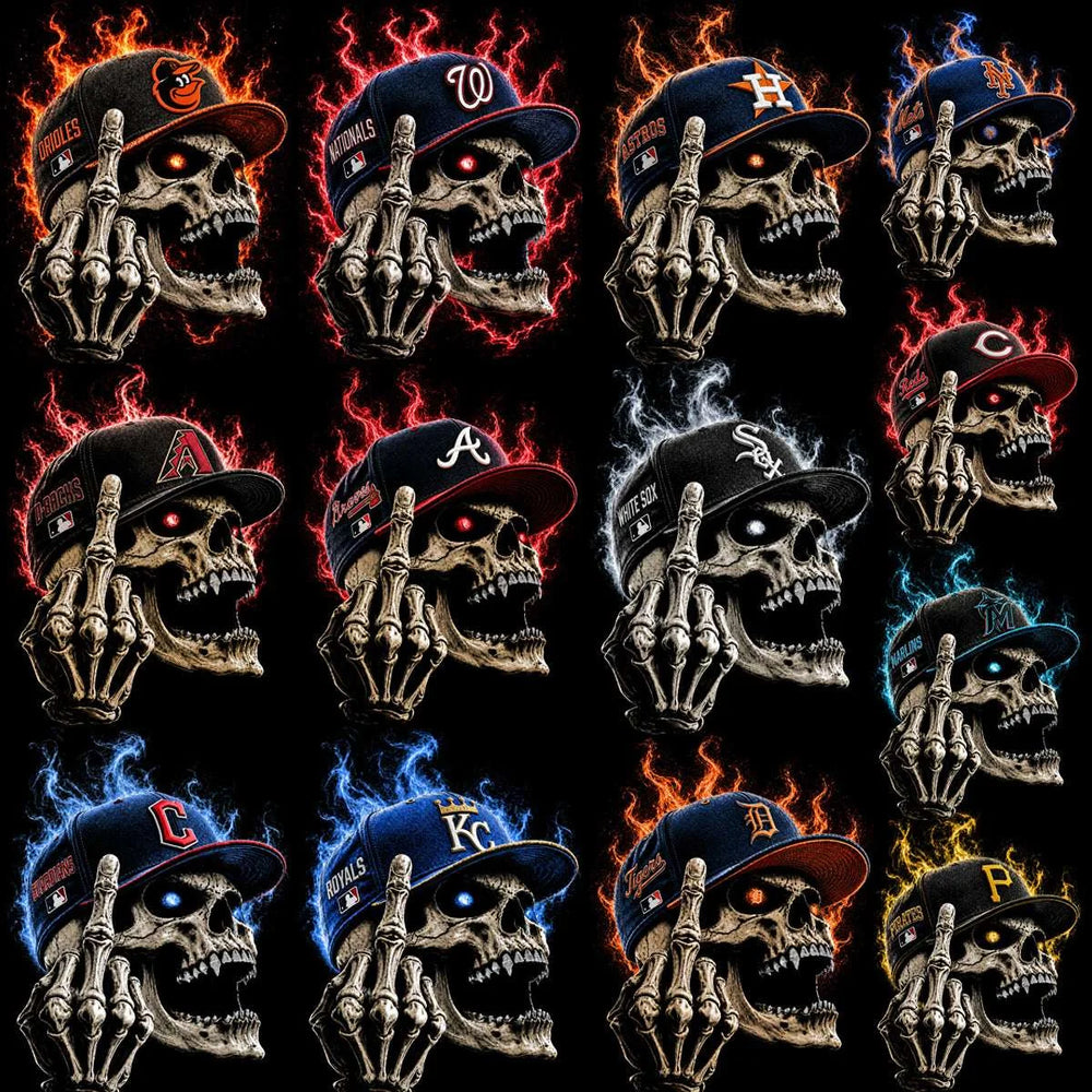 30 Baseball Skull Cap Teams Middle Finger Black Knockout Designs Bundle PNG