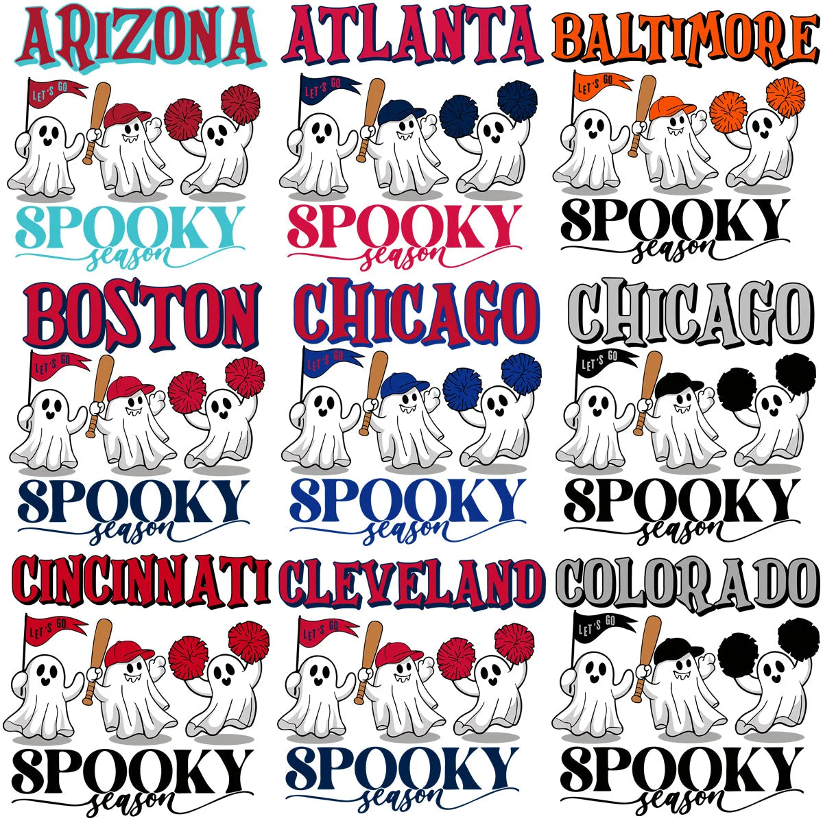 30 Baseball Spooky Season Ghosts Teams Logo Designs Bundle PNG SVG