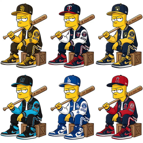 Cartoon character in MLB team jerseys with baseball bats, ideal for DTF/DTG designs