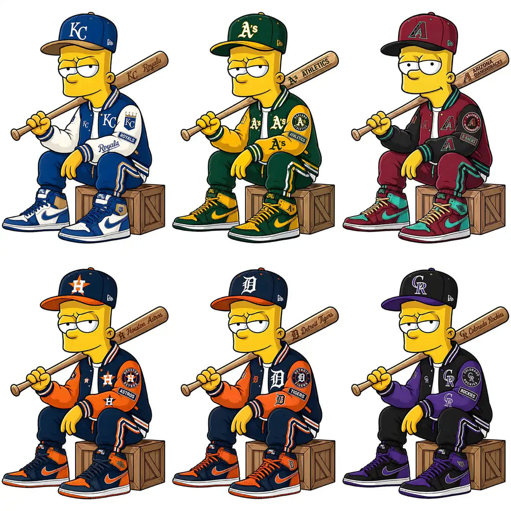 Bart Simpson in MLB team jerseys with bats, print-ready for DTF DTG embroidery designs