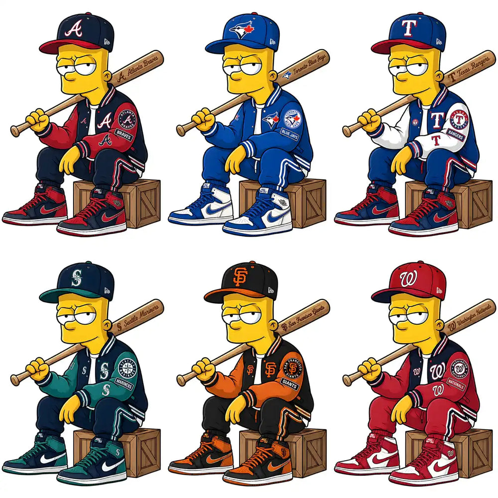 Bart Simpson in MLB team jerseys with bats, perfect for DTF, DTG, embroidery designs