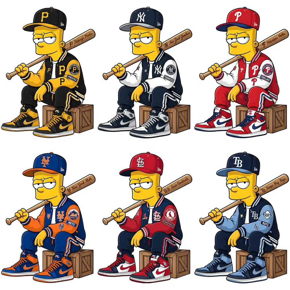 Bart Simpson in MLB team jerseys with bats, perfect for DTF, DTG, embroidery, and tumbler wraps