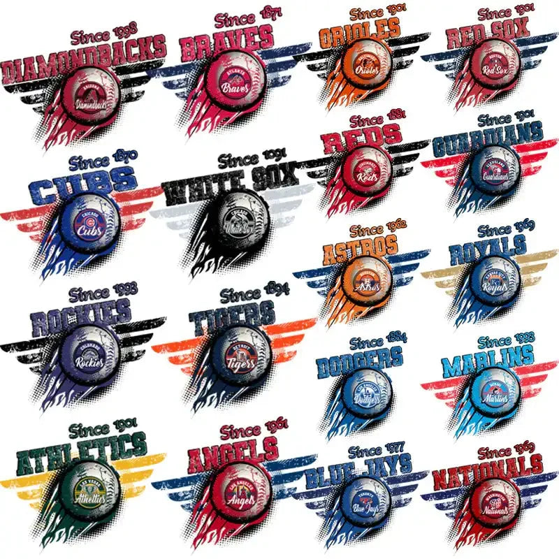 30 Baseball Teams Vintage Wings Designs Bundle PNG