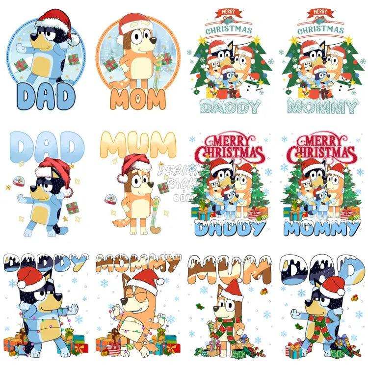 30 Blue Dog Cartoon Family Christmas Designs Bundle Png