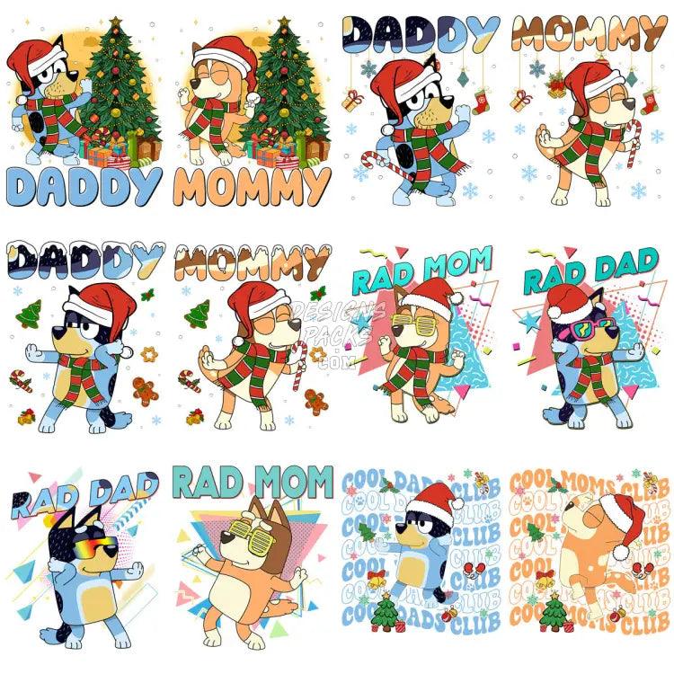 30 Blue Dog Cartoon Family Christmas Designs Bundle Png