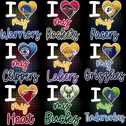 I Love My NBA Team Designs for DTF DTG and Embroidery with Glitter Hearts and Team Logos