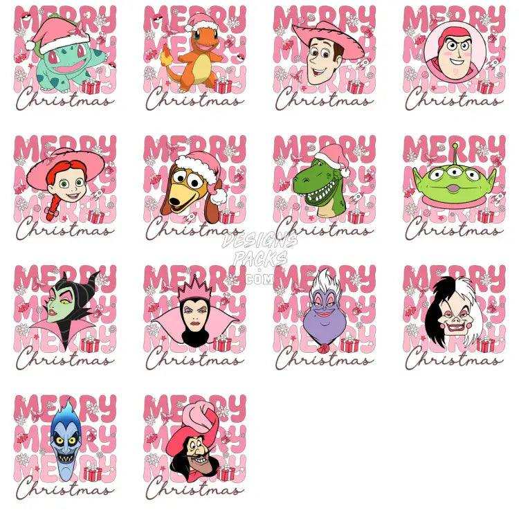 30 Mixed Cartoon Merry Christmas Pink Designs Bundle Png