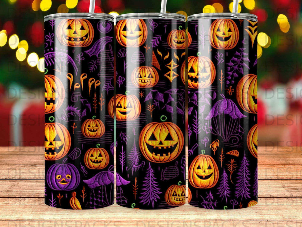 Halloween pattern with pumpkins, bats, and trees on a dark background.