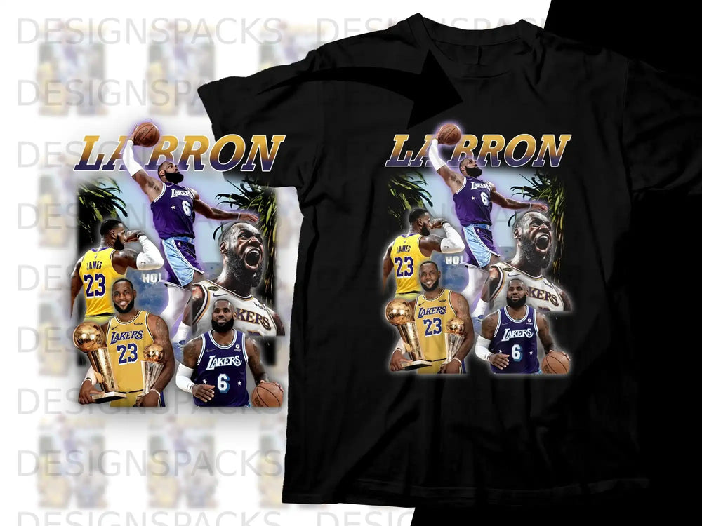 LeBron James Lakers basketball player with trophy, graphic tee.