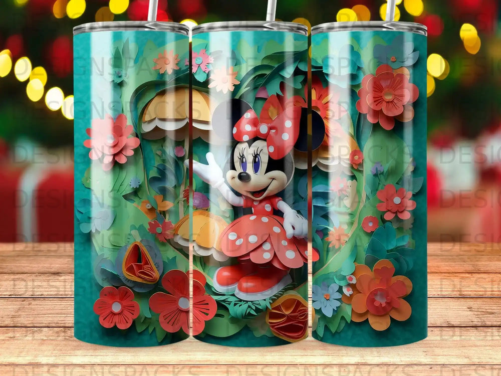 Minnie Mouse surrounded by papercraft flowers and leaves, holding out her hand.