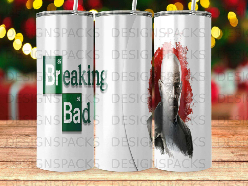 Breaking Bad tumbler with Walter White portrait and blue/green background.