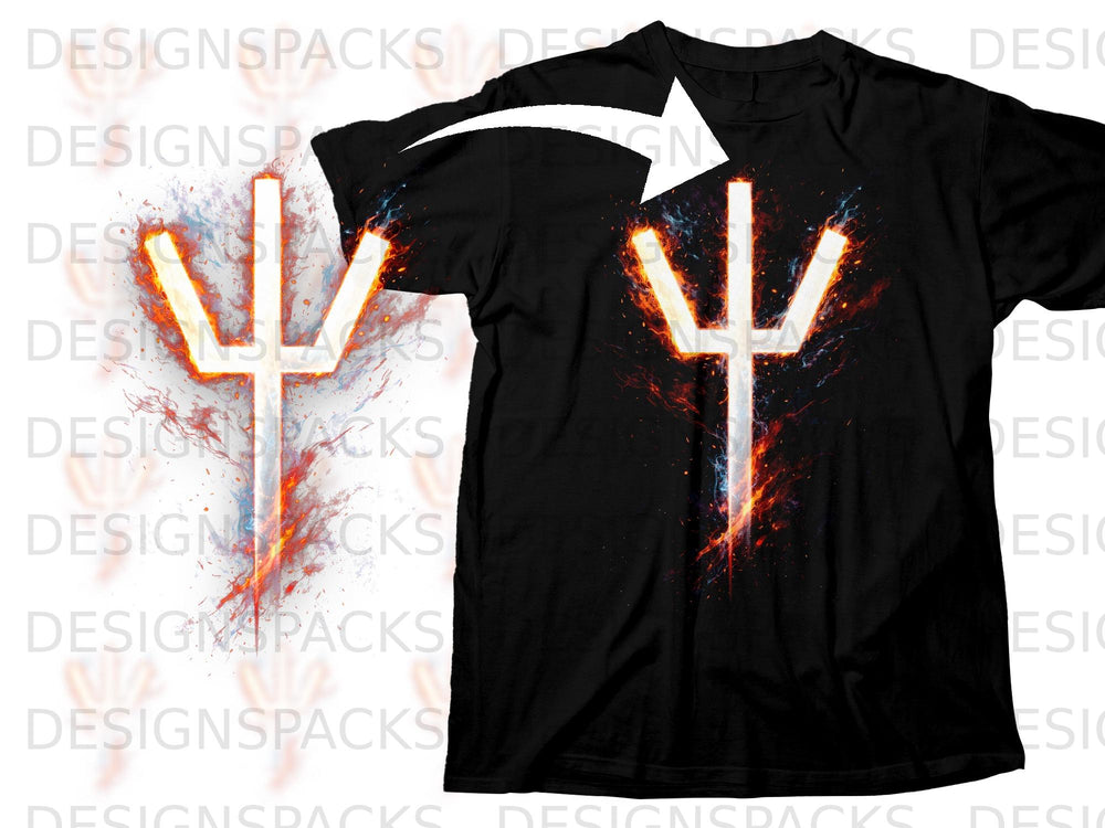 Black t-shirt with a fiery white symbol and particle effects across the chest.